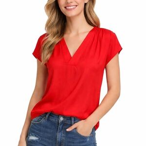 H&M CONSCIOUS Vibrant Red V-Neck Satin Cap Sleeve Blouse size 2